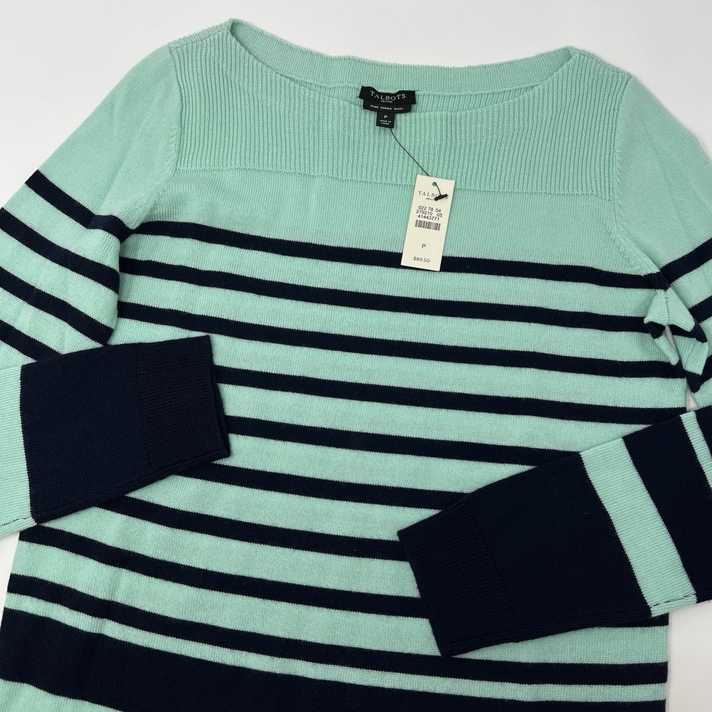 Talbots‎ Pure Merino Wool Size P Blue Striped Boat Neck Pullover Sweater NWT